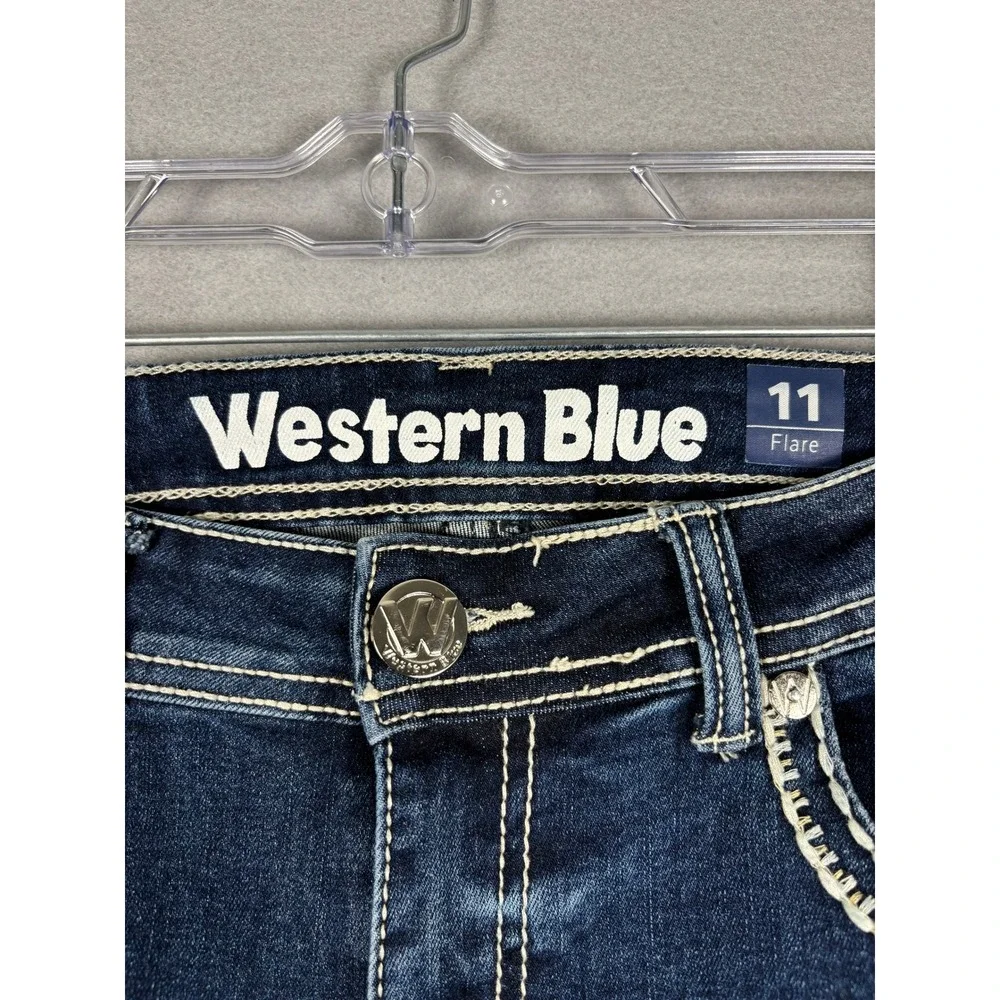 Western Blue Flare Jeans Floral Embroidered Distressed Hem 11 30x29.5 Dark Boho